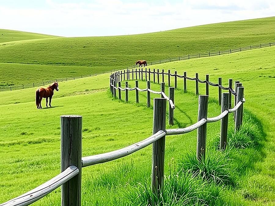 Horses grazing in pastoral setting with rolling hills and white fencing in horse-friendly equestrian community