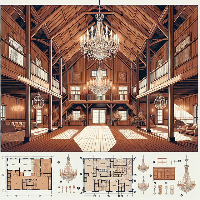 luxurious barn interior with chandeliers and fine wood finishes