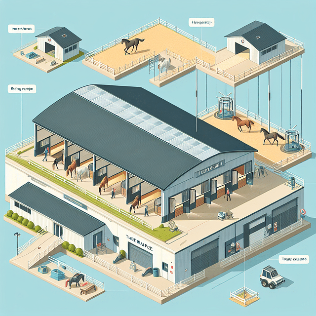 high-tech horse boarding facility with indoor arena and therapy equipment