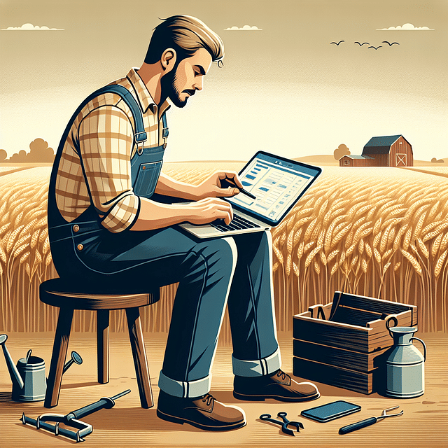 farmer inputting data into farm management software