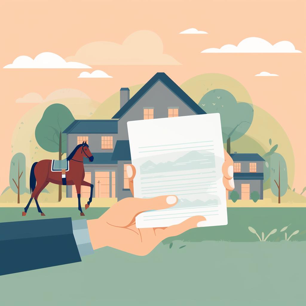Hands holding various documents with a horse property in the background